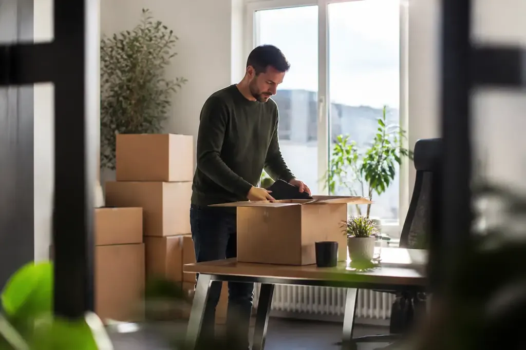 Un homme range des cartons dans un bureau lumineux