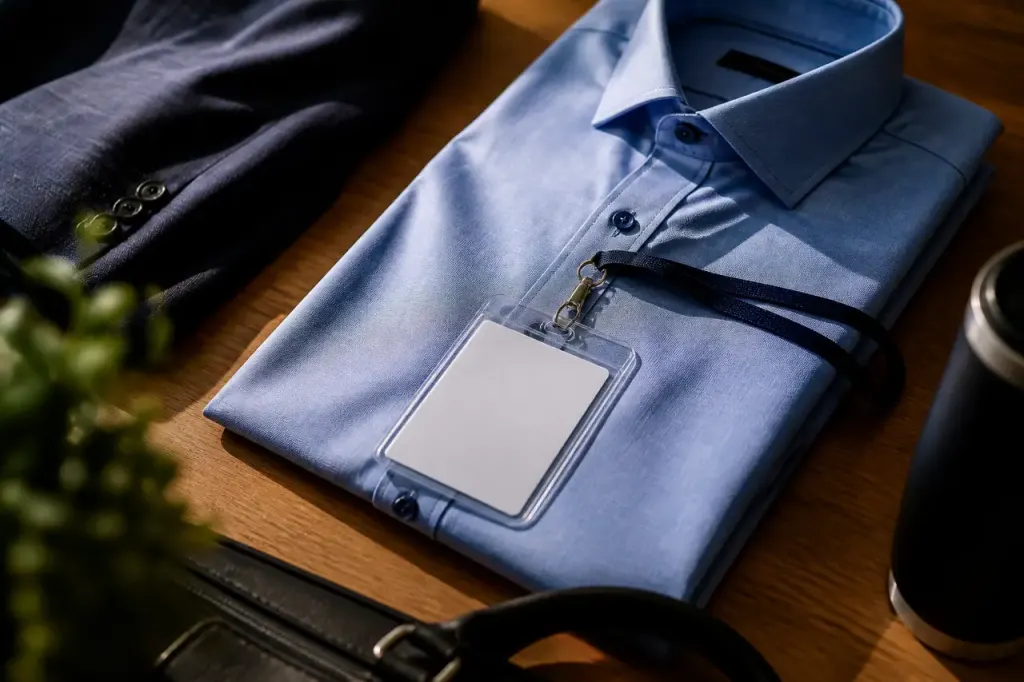Homme en chemise bleue tenant un badge visiteur