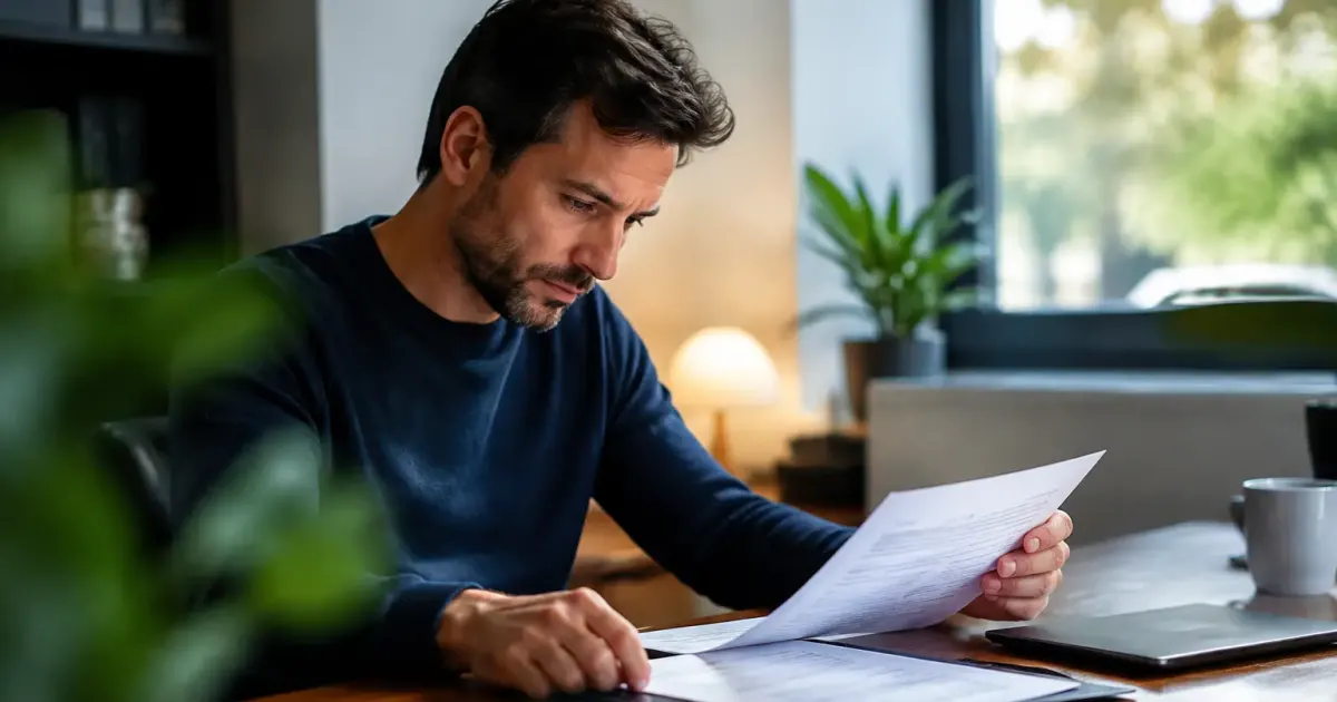 Homme examinant un contrat d'assurance-vie pose sur un bureau