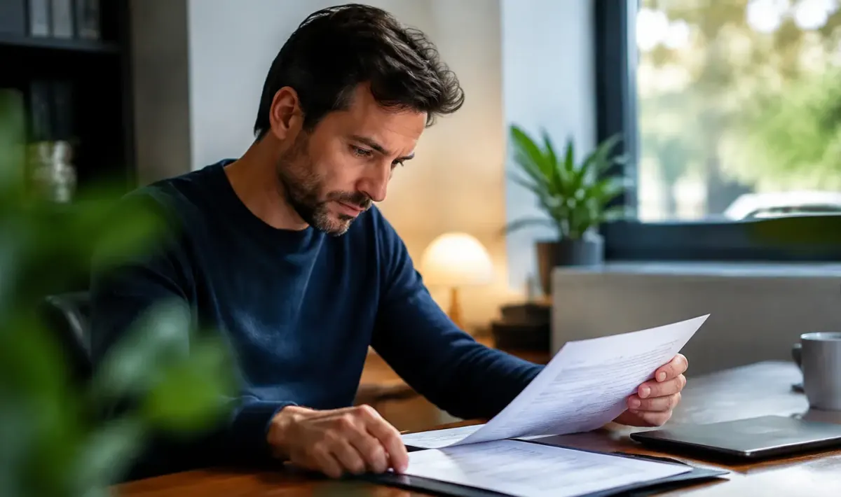 Homme examinant un contrat d'assurance-vie pose sur un bureau