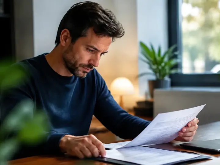 Homme examinant un contrat d'assurance-vie pose sur un bureau