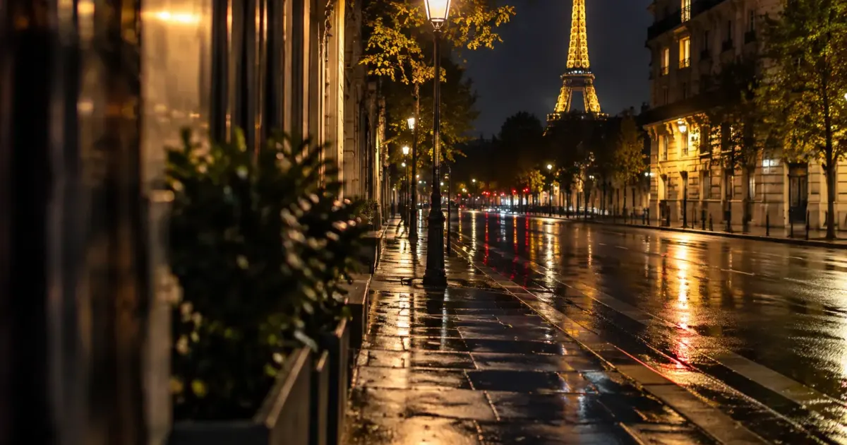 Homme seul debout sur trottoir vide Paris la nuit