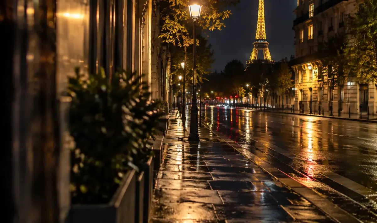 Homme seul debout sur trottoir vide Paris la nuit