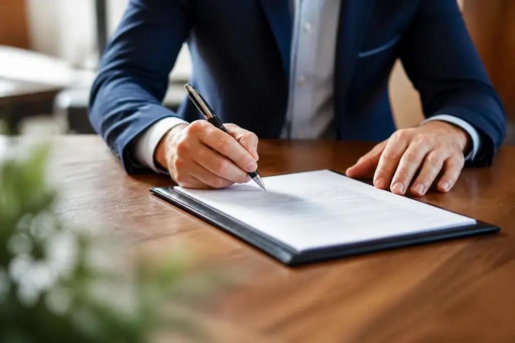 Homme signant contrat location stylo posé bureau bois