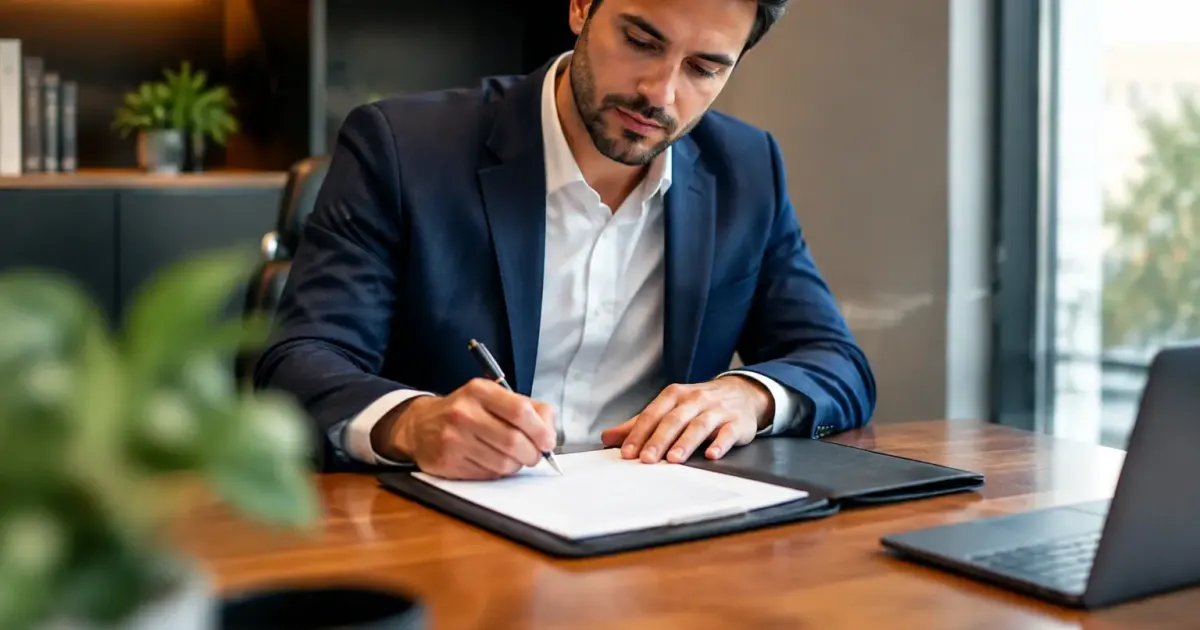 Un homme signe un contrat assis devant un bureau