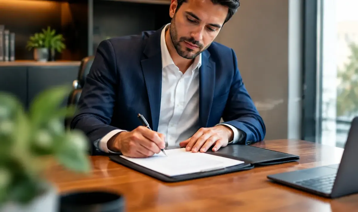Un homme signe un contrat assis devant un bureau