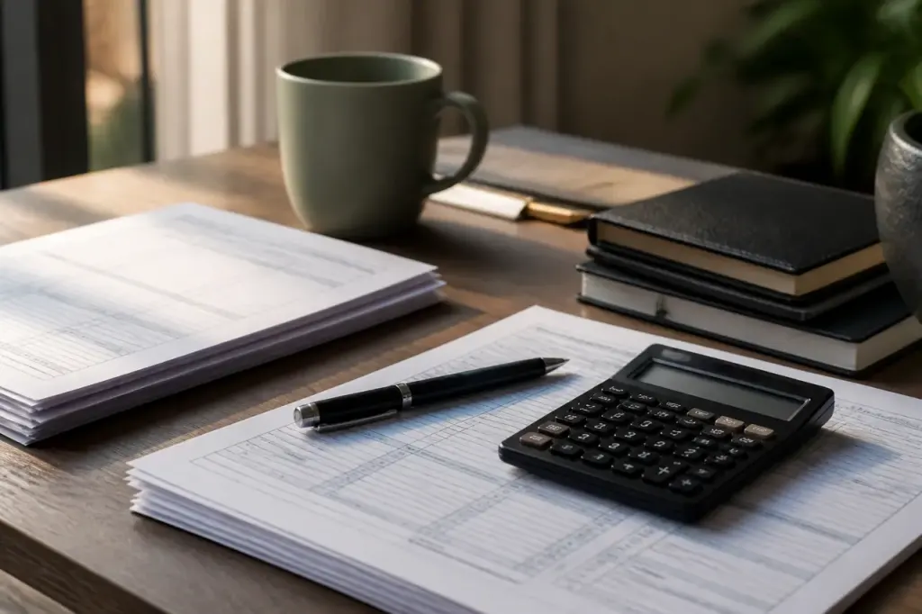 Homme pose stylo sur formulaire fiscal et calculatrice