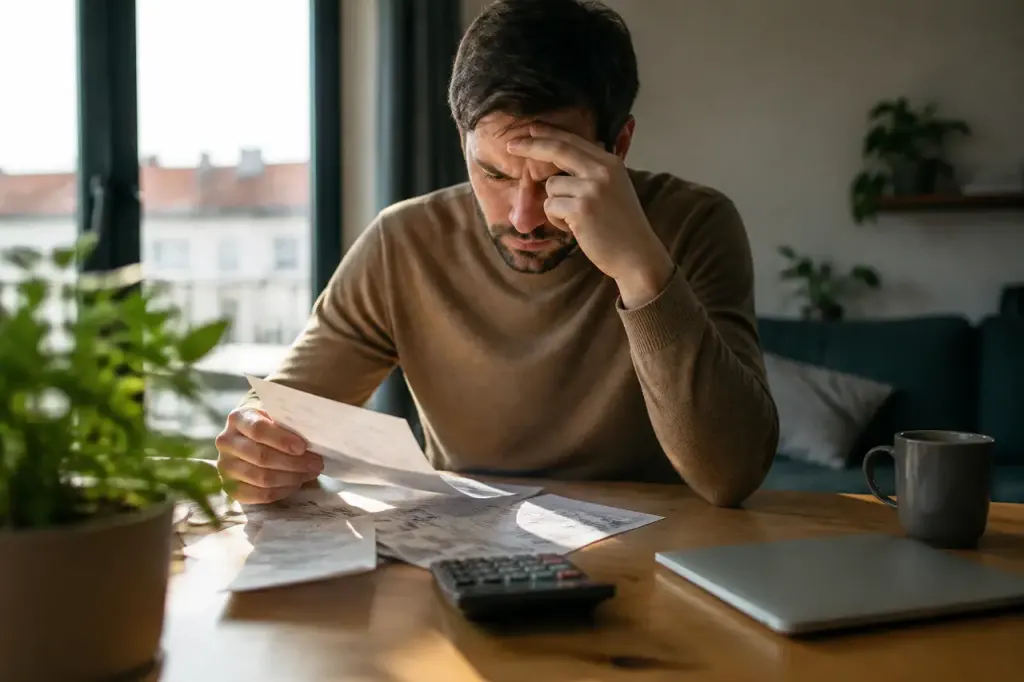 Homme assis a table avec factures et calculatrice