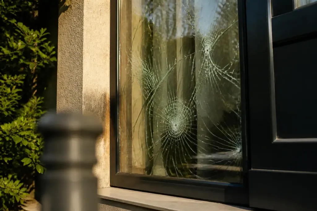 Huissier photographiant une vitre brisee devant la porte