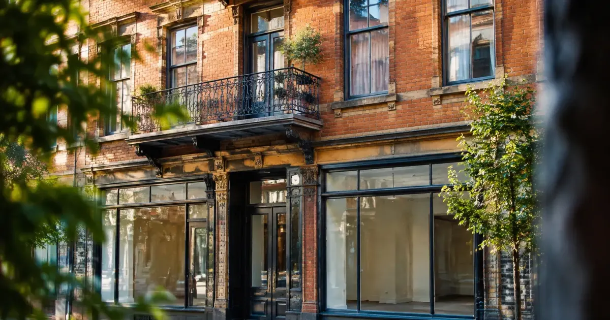 Immeuble ancien en briques avec balcon et vitrines vides