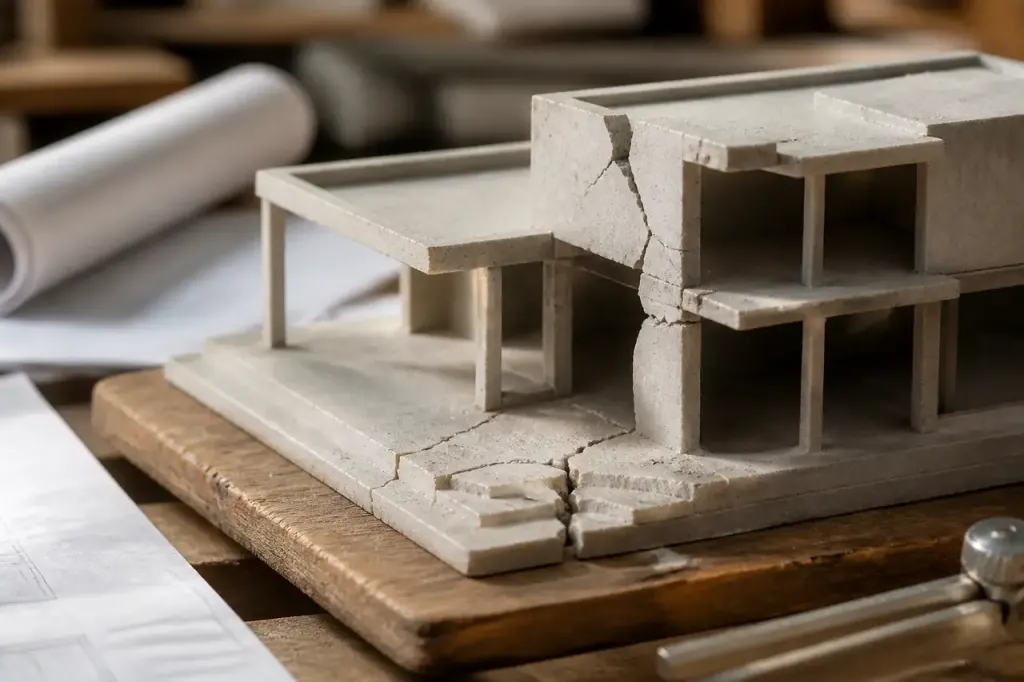 Ingenieur examine une maquette fissuree posee sur bois