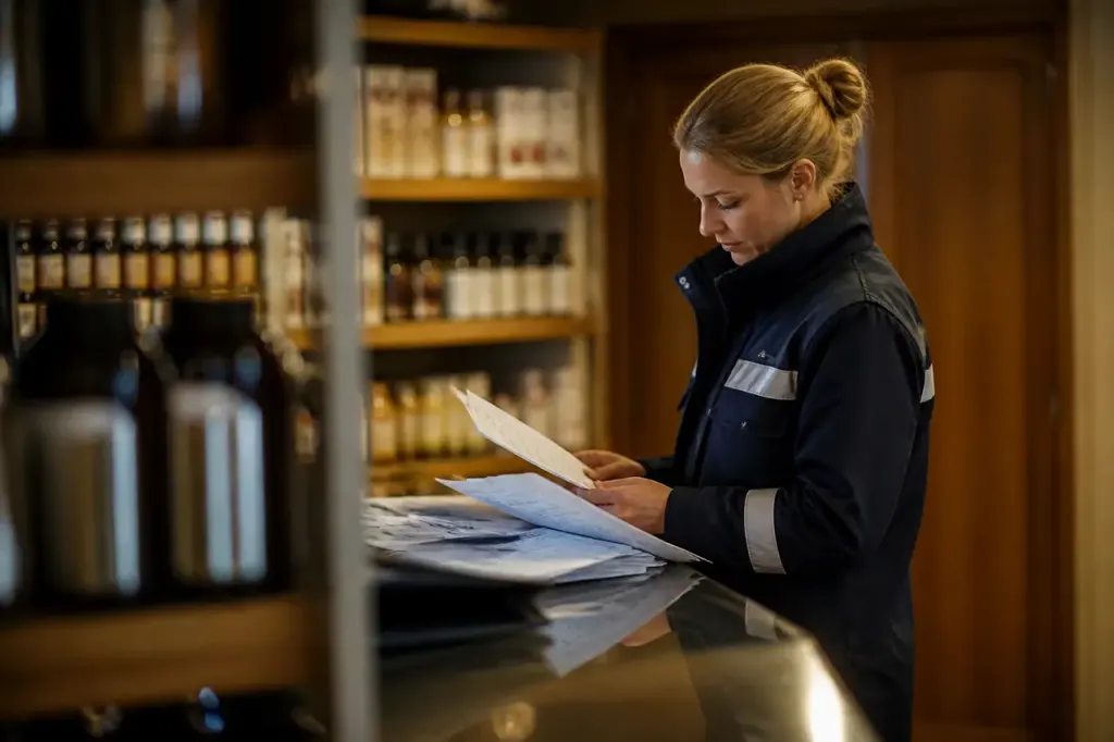 Inspectrice examinant des factures sur un comptoir de magasin