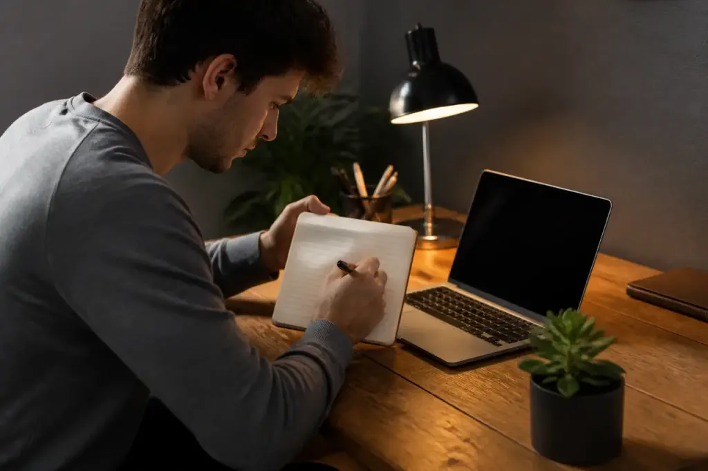 Jeune homme tenant un cahier devant un ordinateur portable