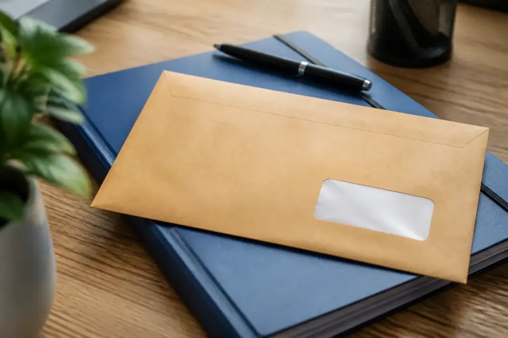Lettre recommandee posee sur bureau avec dossier et stylo