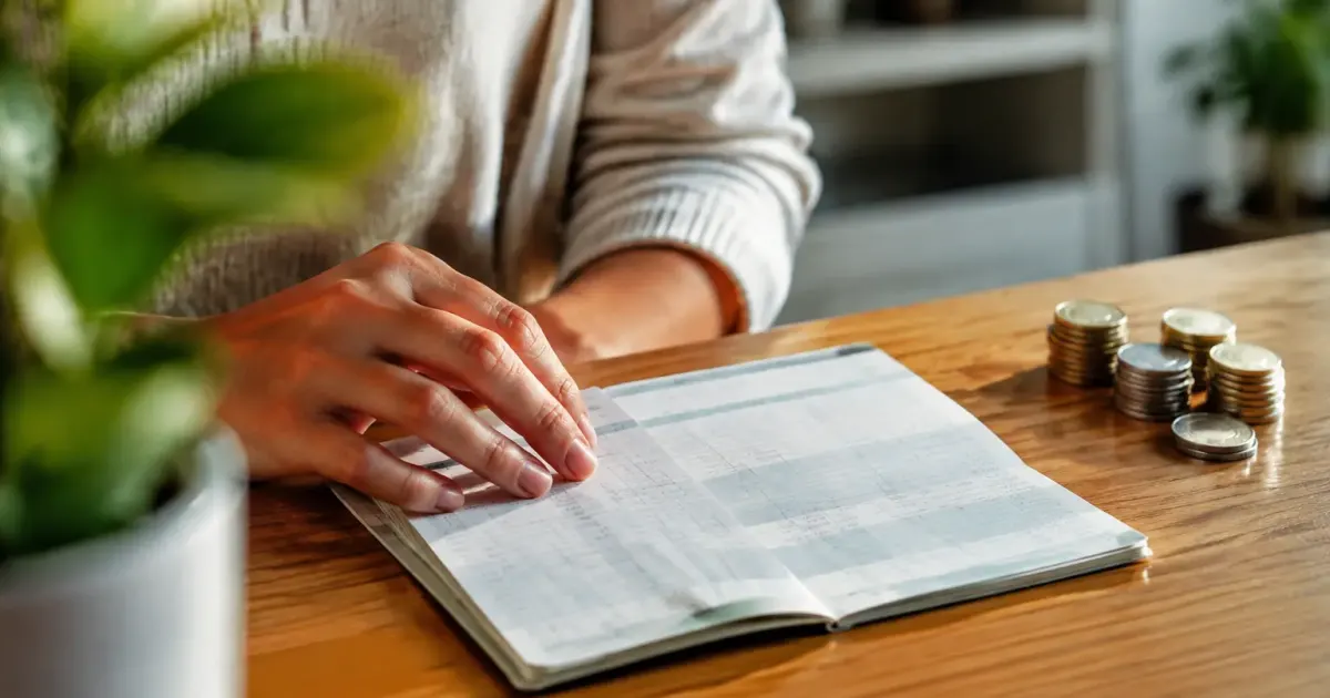 Livret ouvert pose sur bureau, pieces empilees a droite