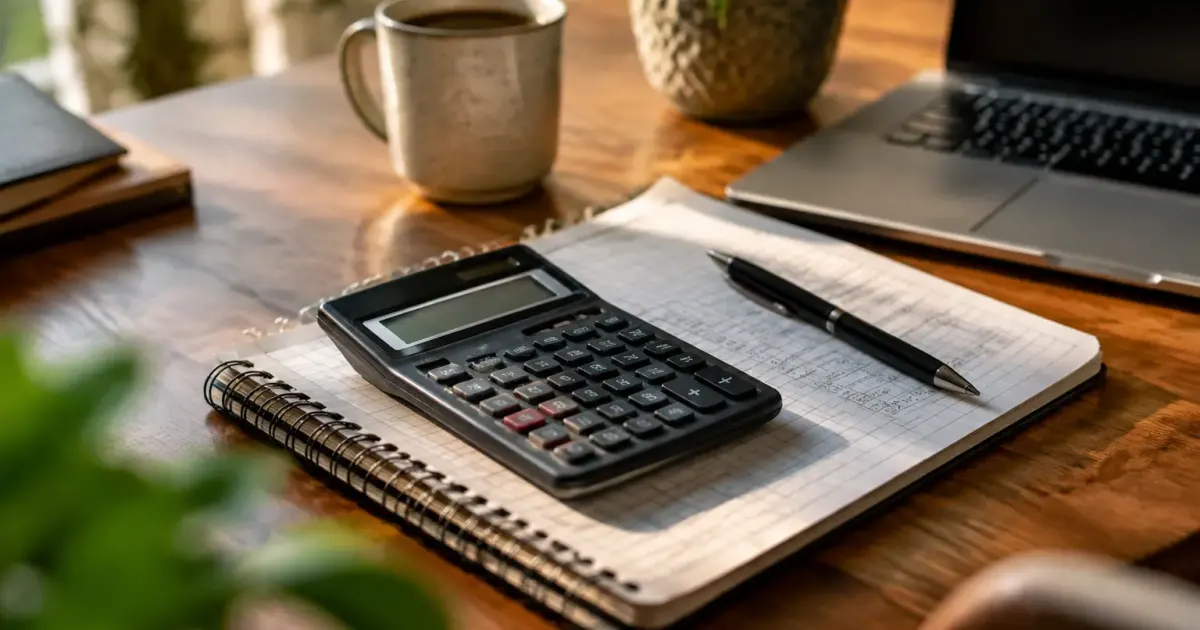 Main tenant une calculatrice sur un carnet de comptes