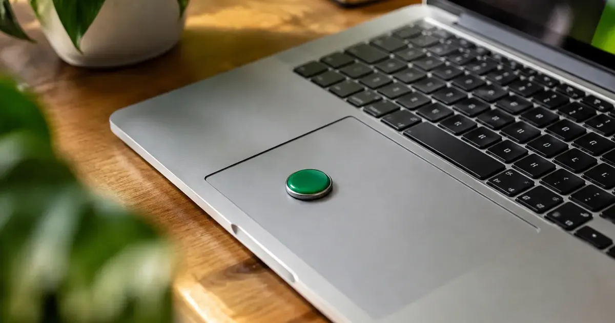 Main pointant un bouton vert sur un ordinateur portable