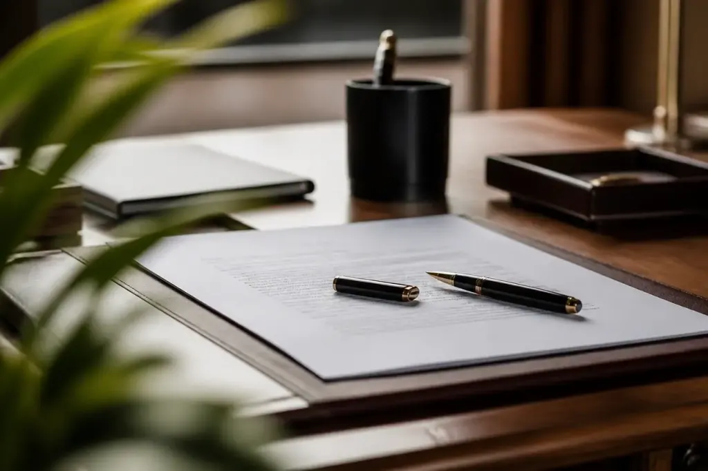 Main signant un contrat sur bureau en bois