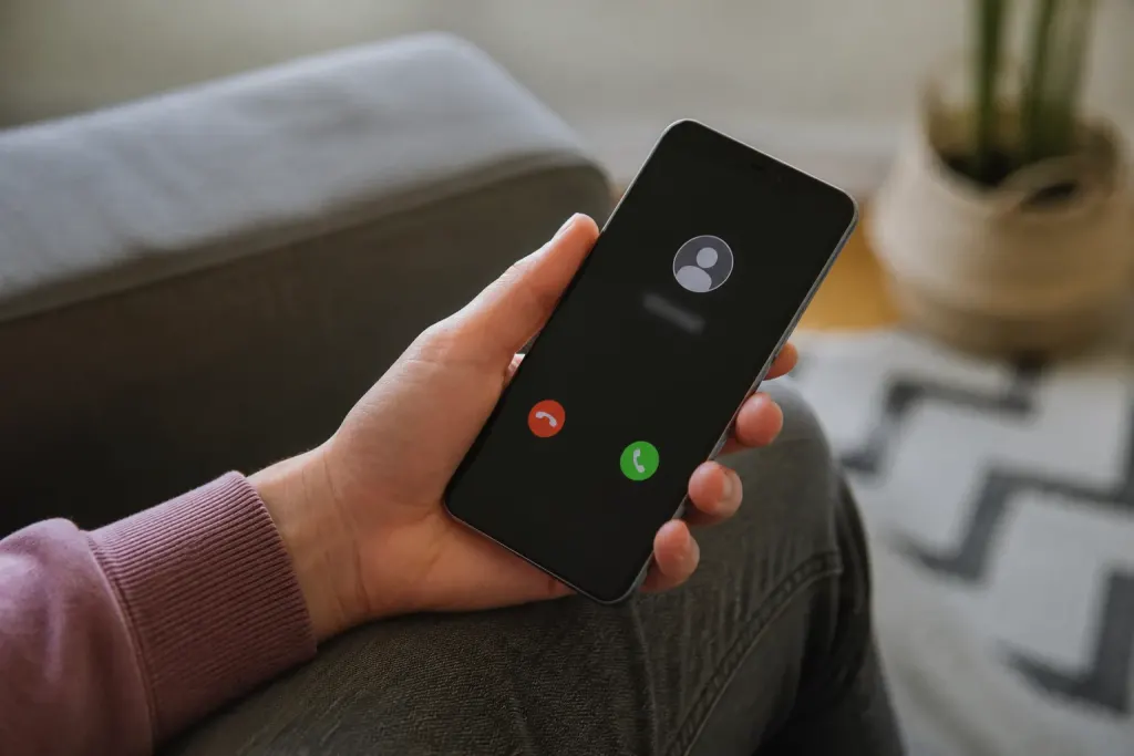 Main tenant un smartphone affichant un appel entrant