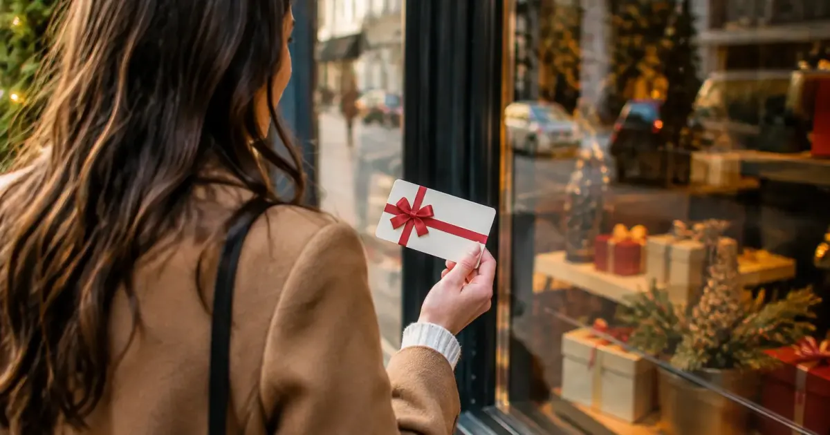 Main tenant une carte cadeau devant une vitrine fermee
