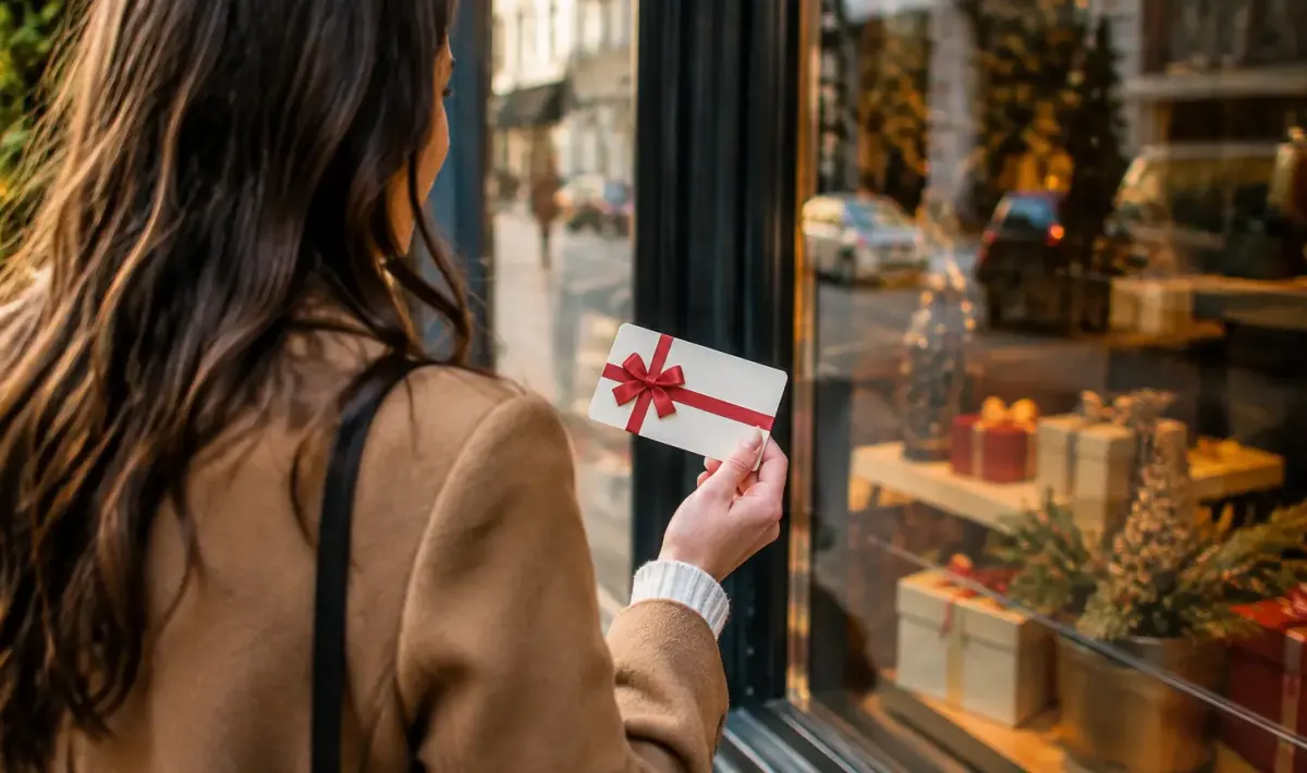 Main tenant une carte cadeau devant une vitrine fermee