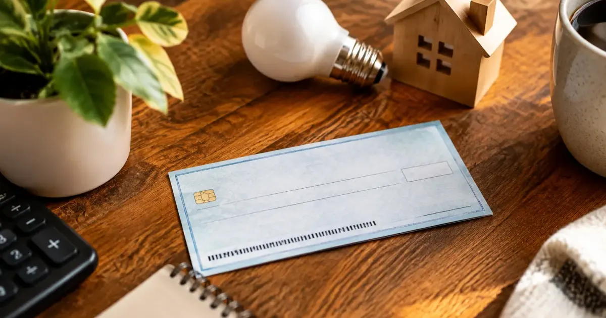 Main tenant un cheque energie sur bureau en bois