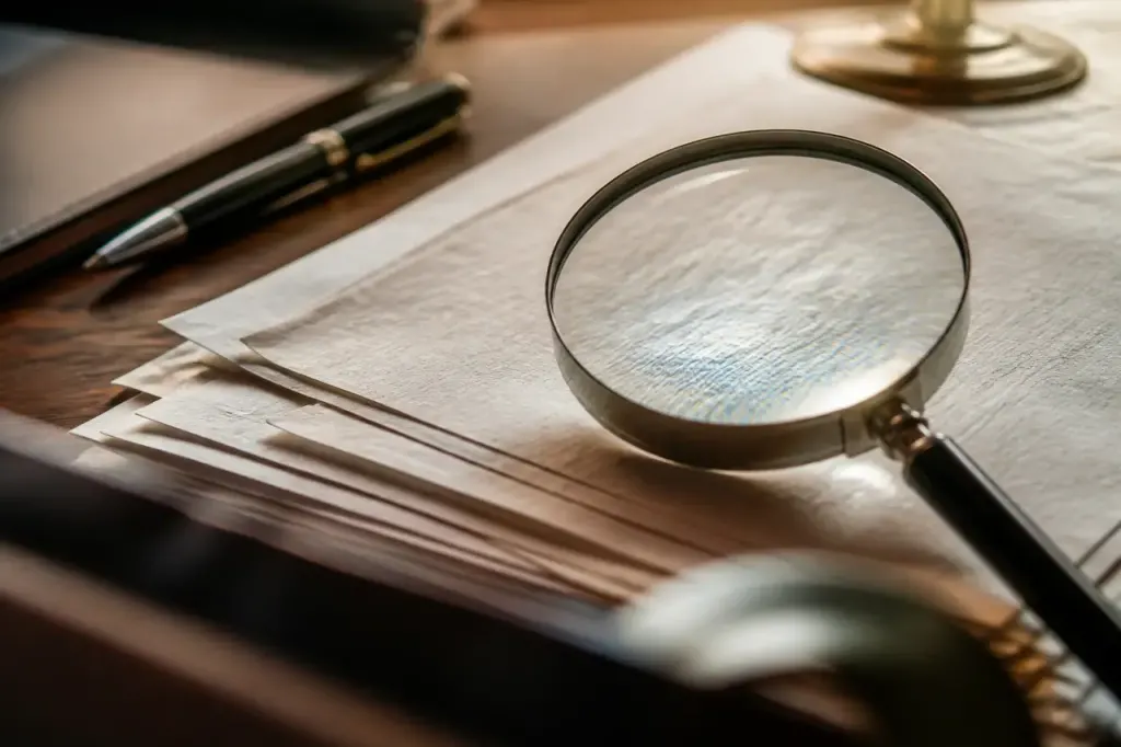 Main tenant une loupe sur un contrat papier