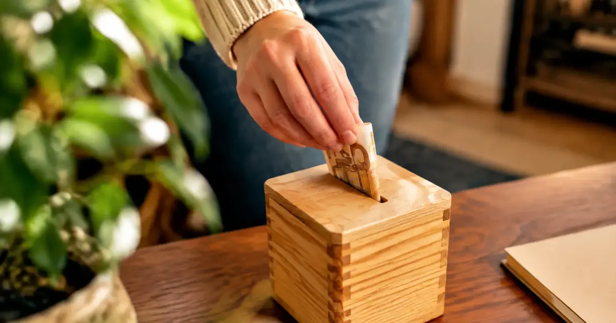 Mains deposant des billets dans une tirelire en bois
