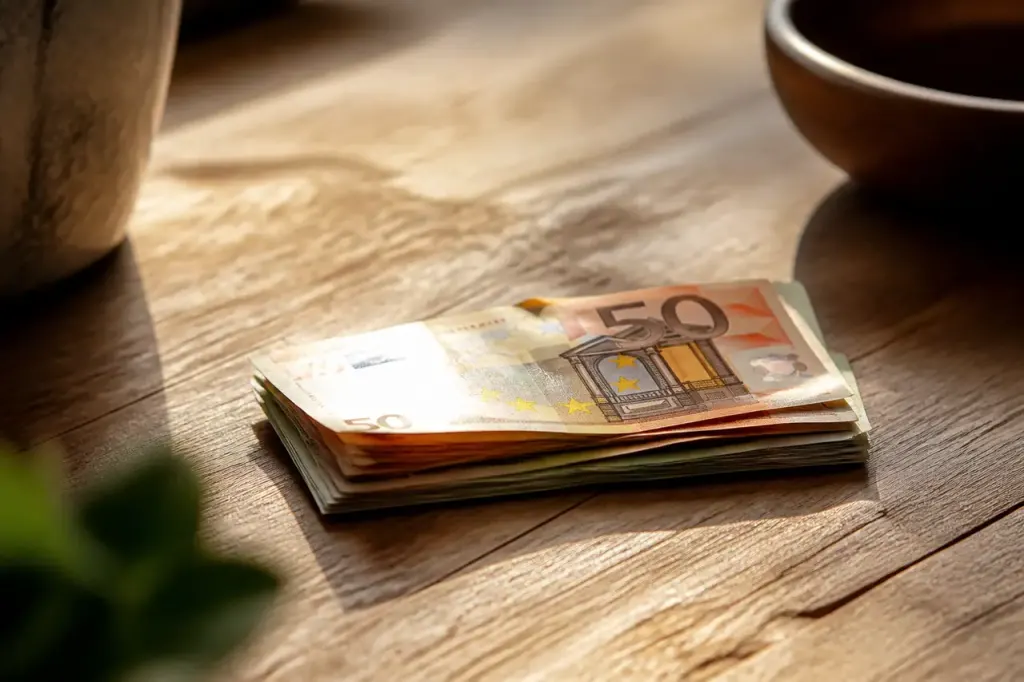 Mains posant des billets sur une table en bois