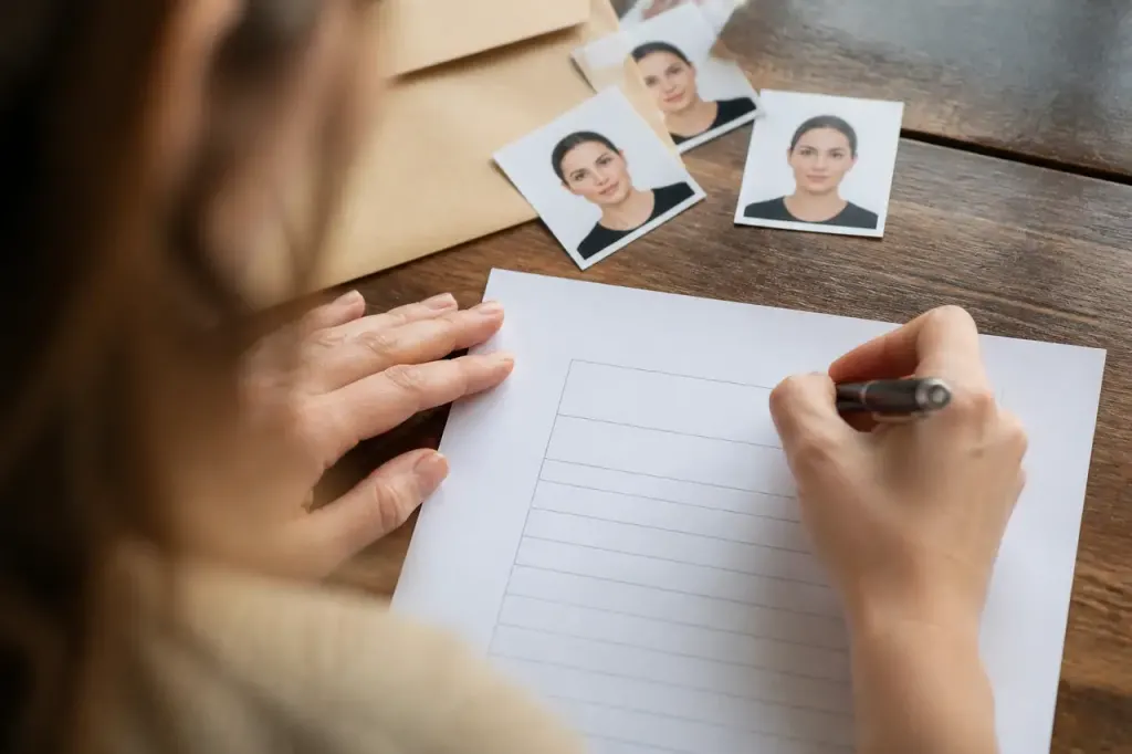 Mains tenant un stylo sur un formulaire et photos