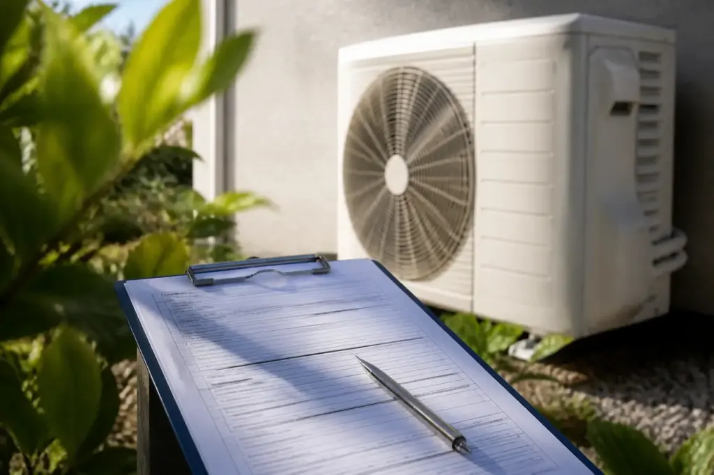 Mains tenant un formulaire pres dune pompe a chaleur