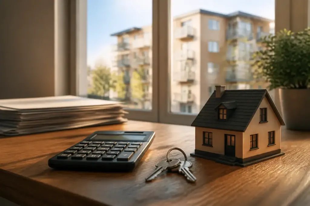 Maison locative, clés et calculatrice sur bureau en bois