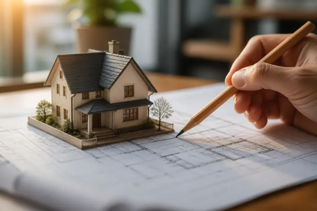 Maison miniature sur plan papier avec crayon bois