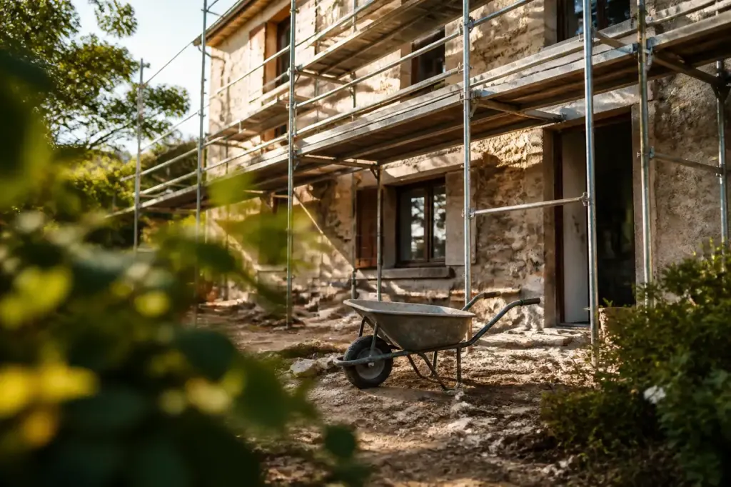 Maison en renovation avec echafaudage metallique et brouette