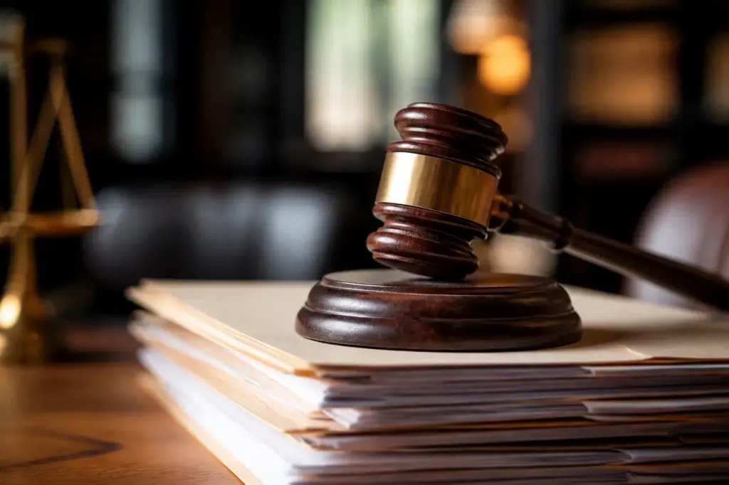 Marteau de juge posé sur un dossier juridique