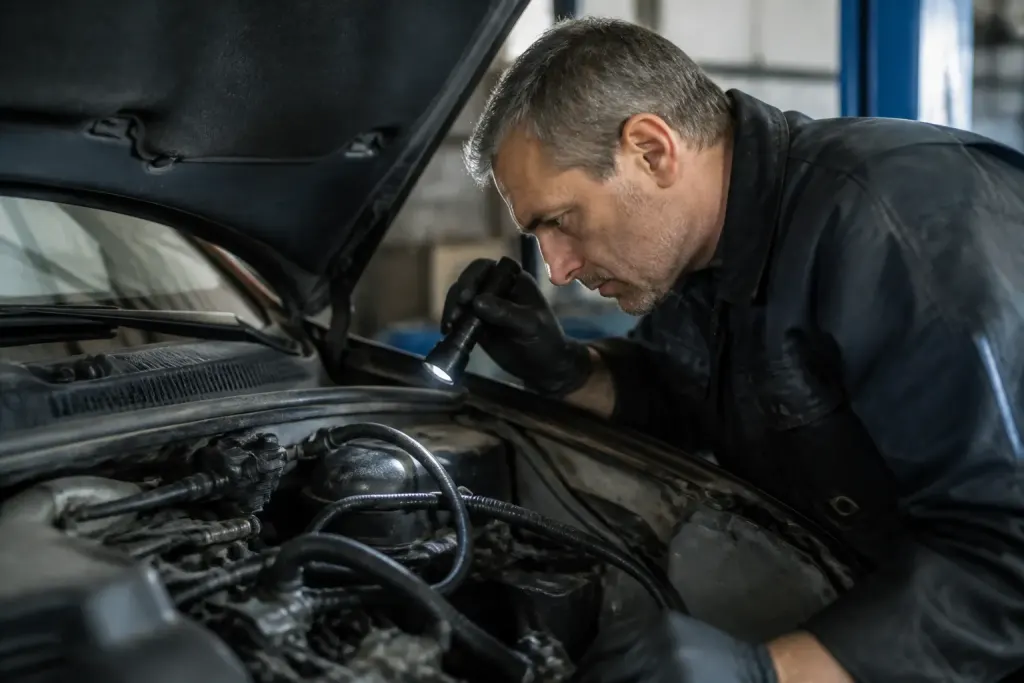 Mecanicien inspectant un moteur de voiture avec lampe torche