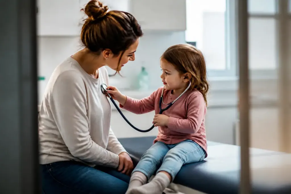 Mere et enfant avec stethoscope sur table de consultation