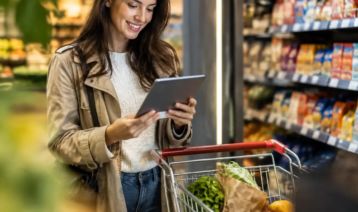 Mere souriante tenant une tablette pres du caddie