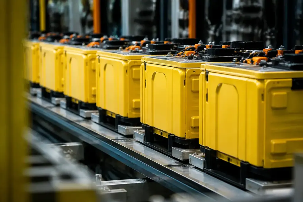 Modules de batteries jaunes alignes sur chaine automobile
