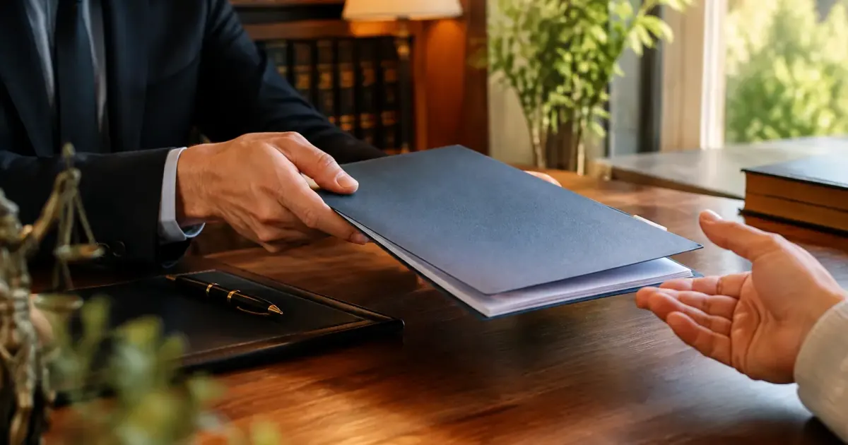 Notaire remettant un dossier au vendeur sur son bureau