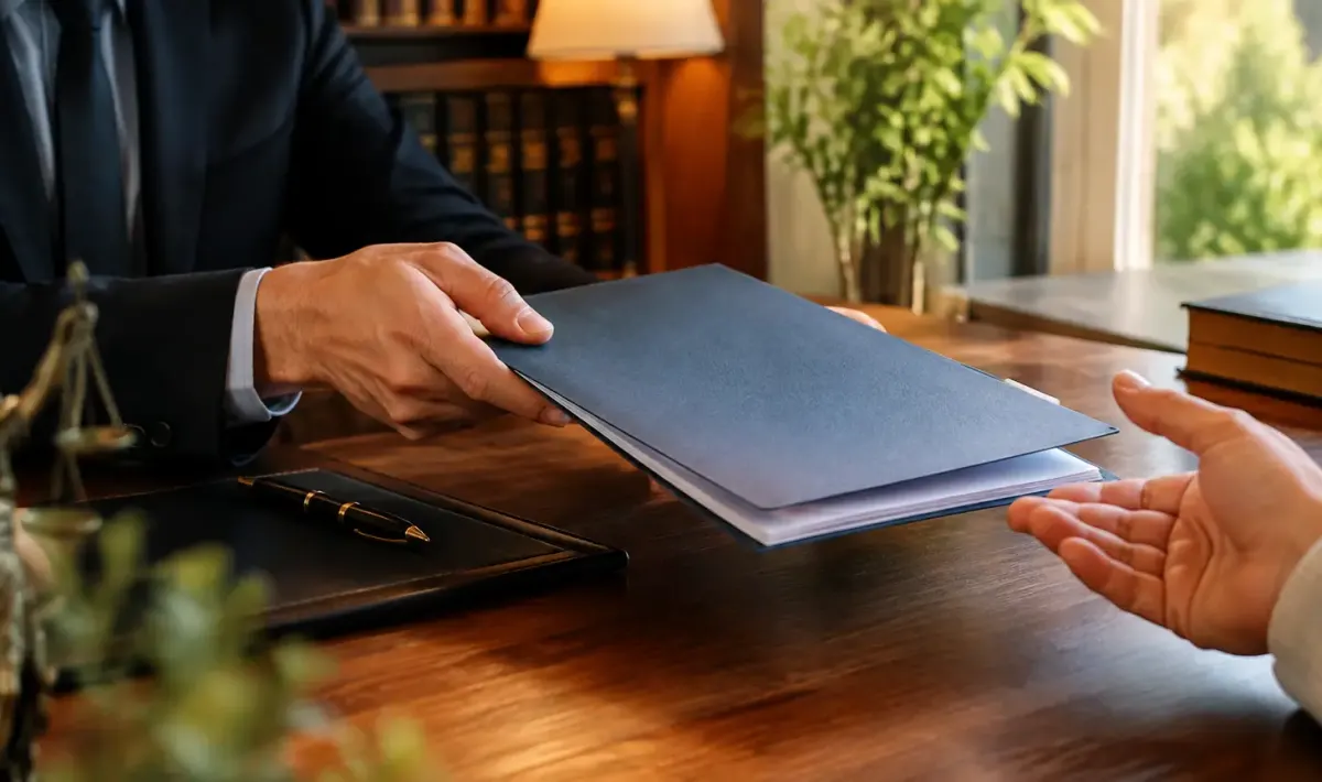 Notaire remettant un dossier au vendeur sur son bureau