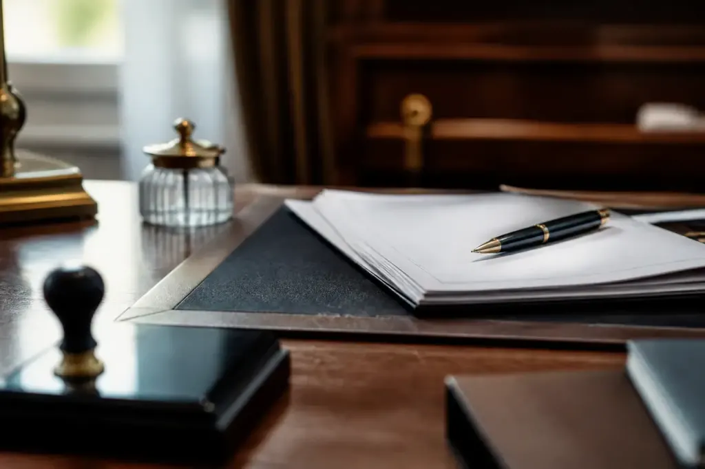 Notaire signant un acte avec stylo sur bureau