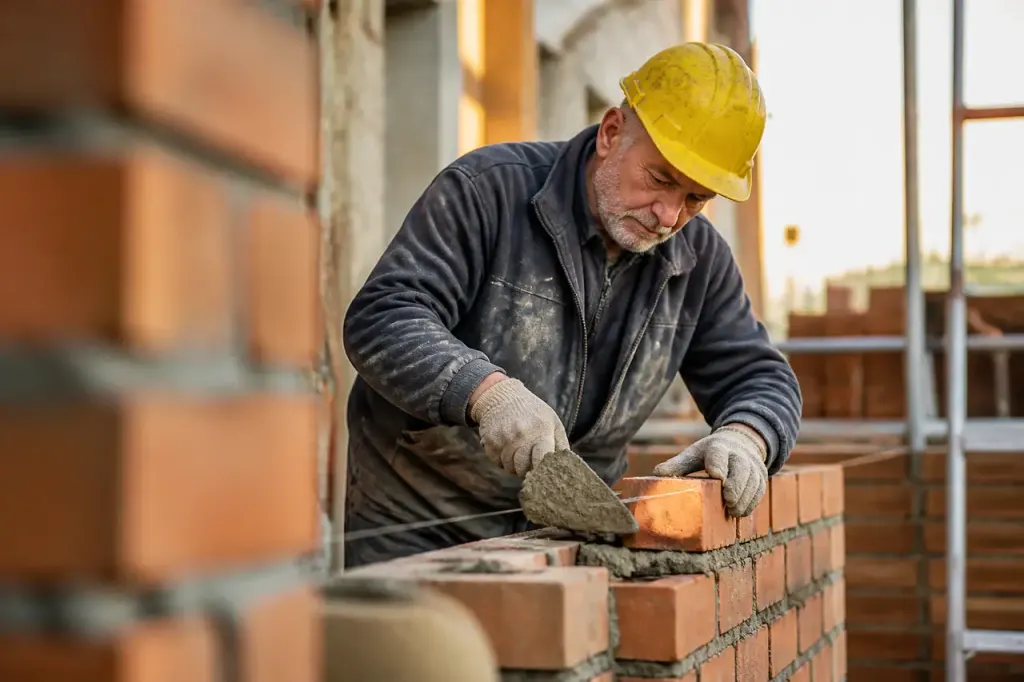 Ouvrier senior casque jaune pose des briques sur chantier