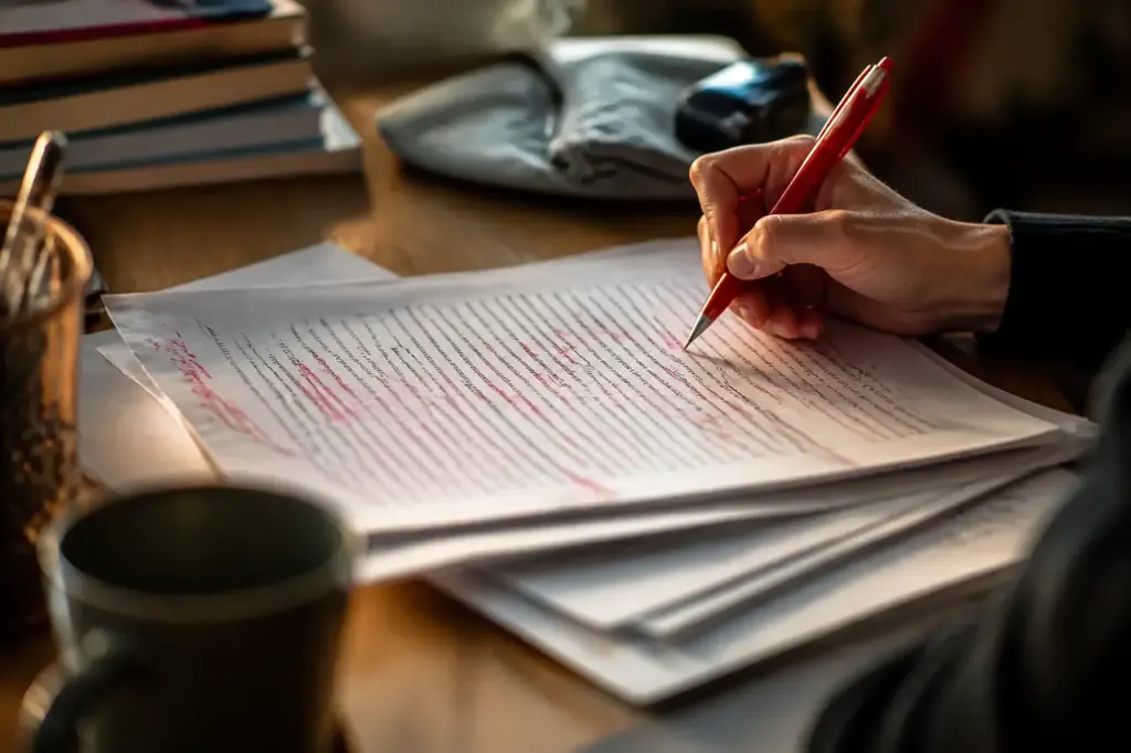 Pages annotees au stylo rouge sur un bureau