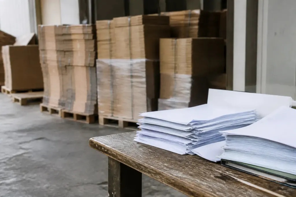 Palettes de cartons en entrepot et factures sur bureau