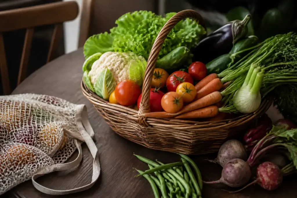 Panier de legumes frais et ticket de caisse