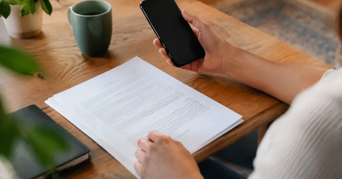 Parent assis tenant un telephone devant un contrat