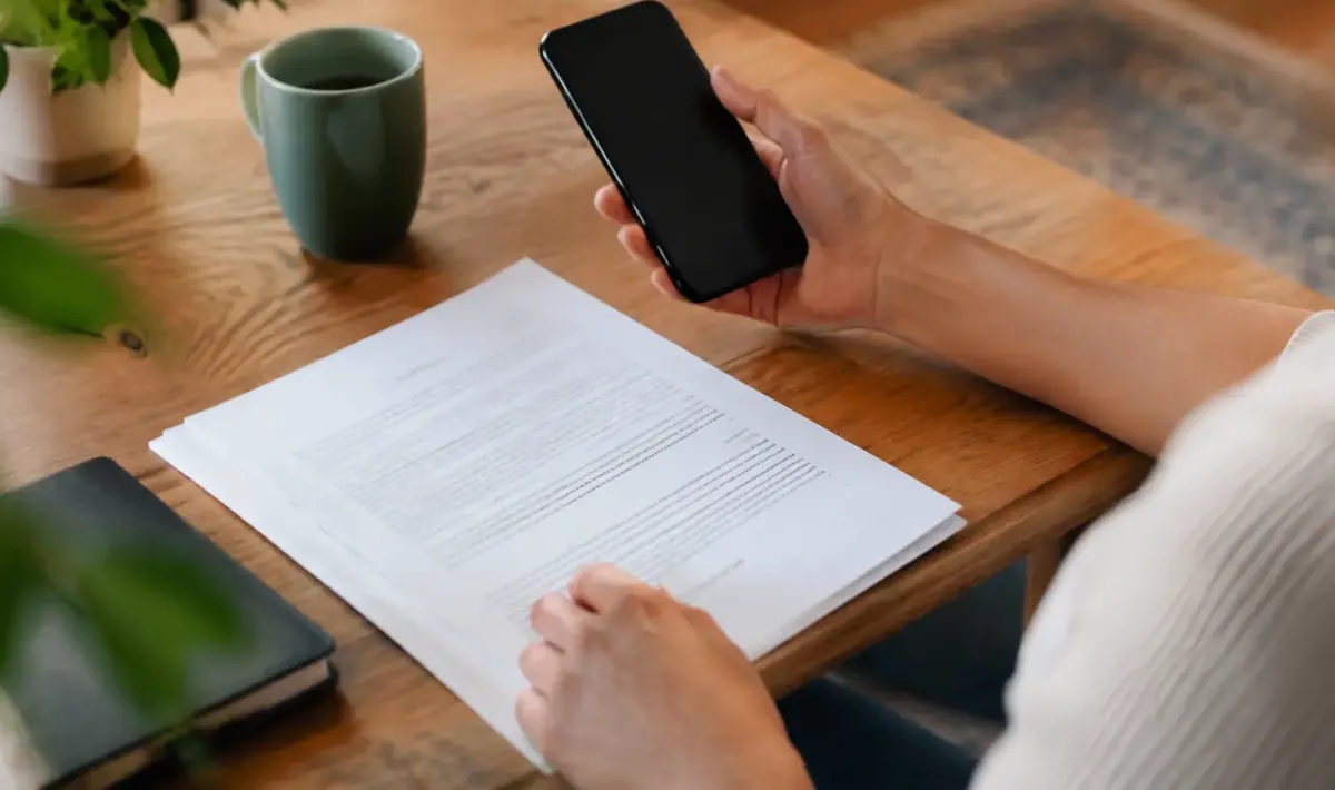Parent assis tenant un telephone devant un contrat
