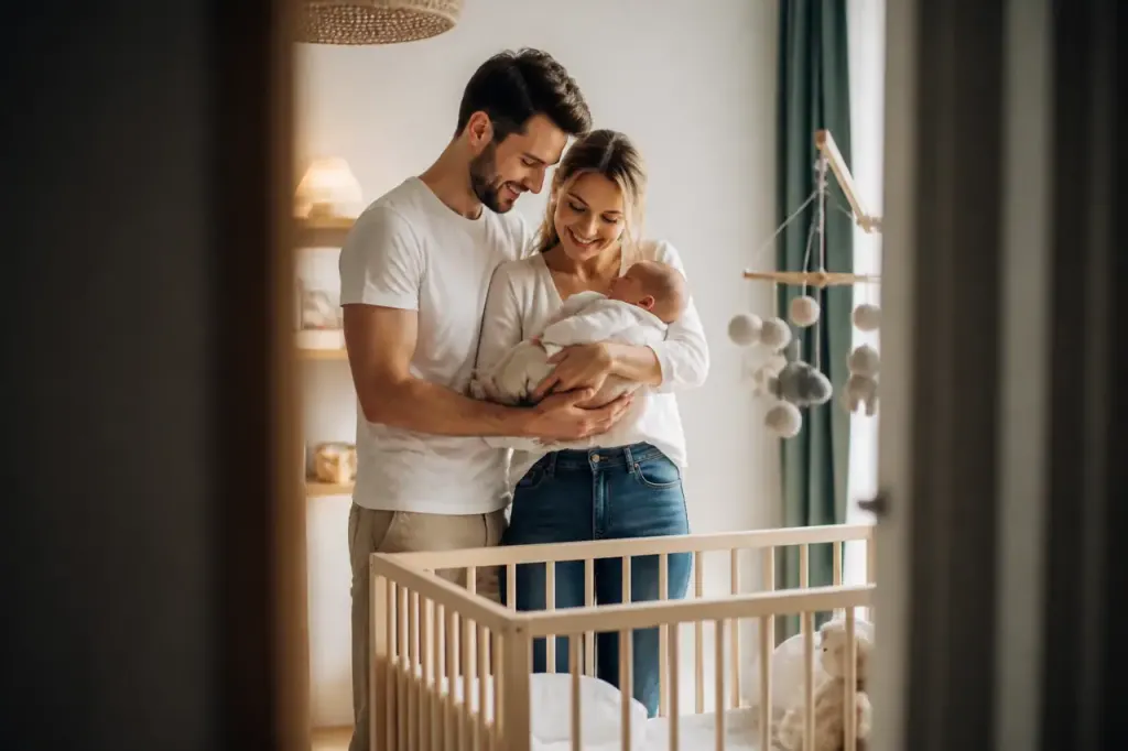 Parents souriants tenant un bebe pres du berceau