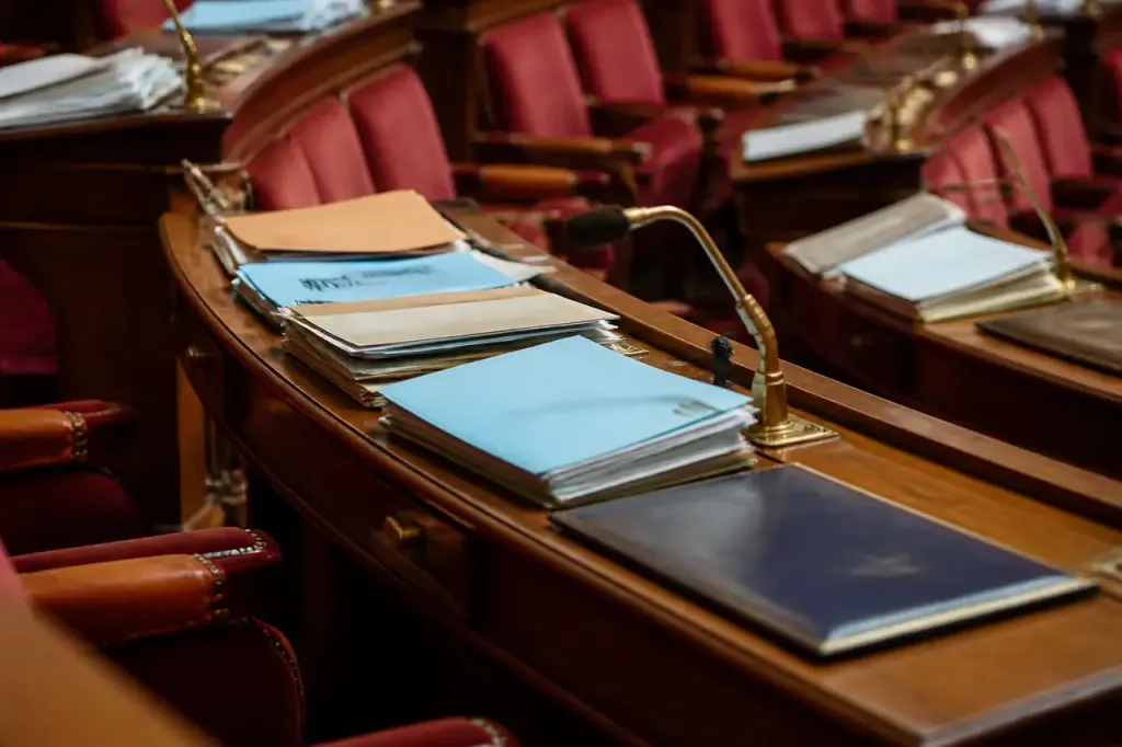 Parlementaires debattant dans hemicycle avec dossiers poses sur pupitres